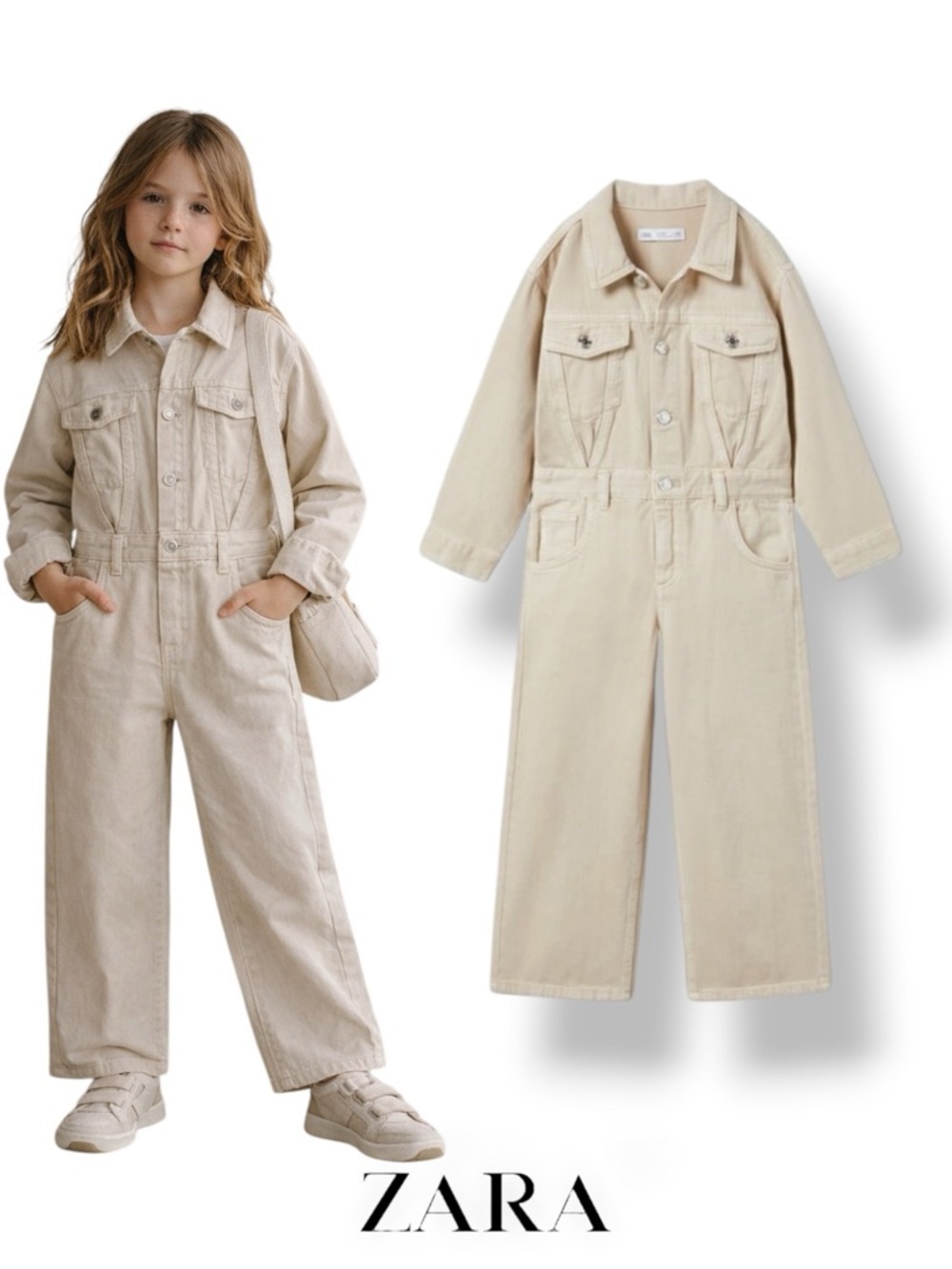 ZARA Girls Beige Denim Utility Jumpsuit NWT Sizes 7 8 10